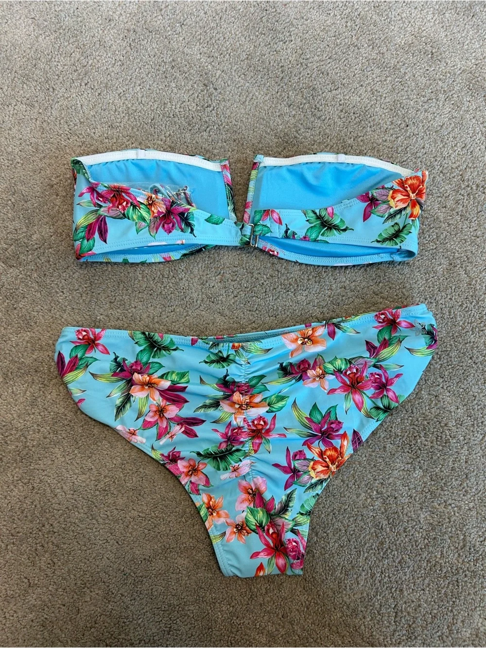 Quintsoul Tropical Floral Bandeau Bikini Set Blue Pink Orange Size Large NWT